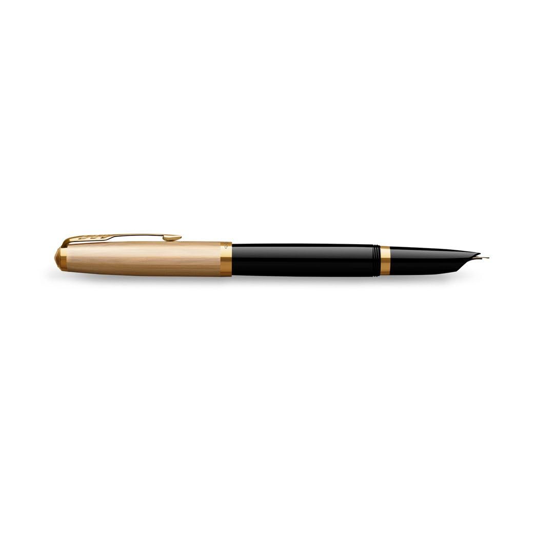 Parker 51 Deluxe Black Gold Trim Fountain Pen | Medium 18k Gold Nib with Black Ink Cartridge | Gift Box (Medium Nib)