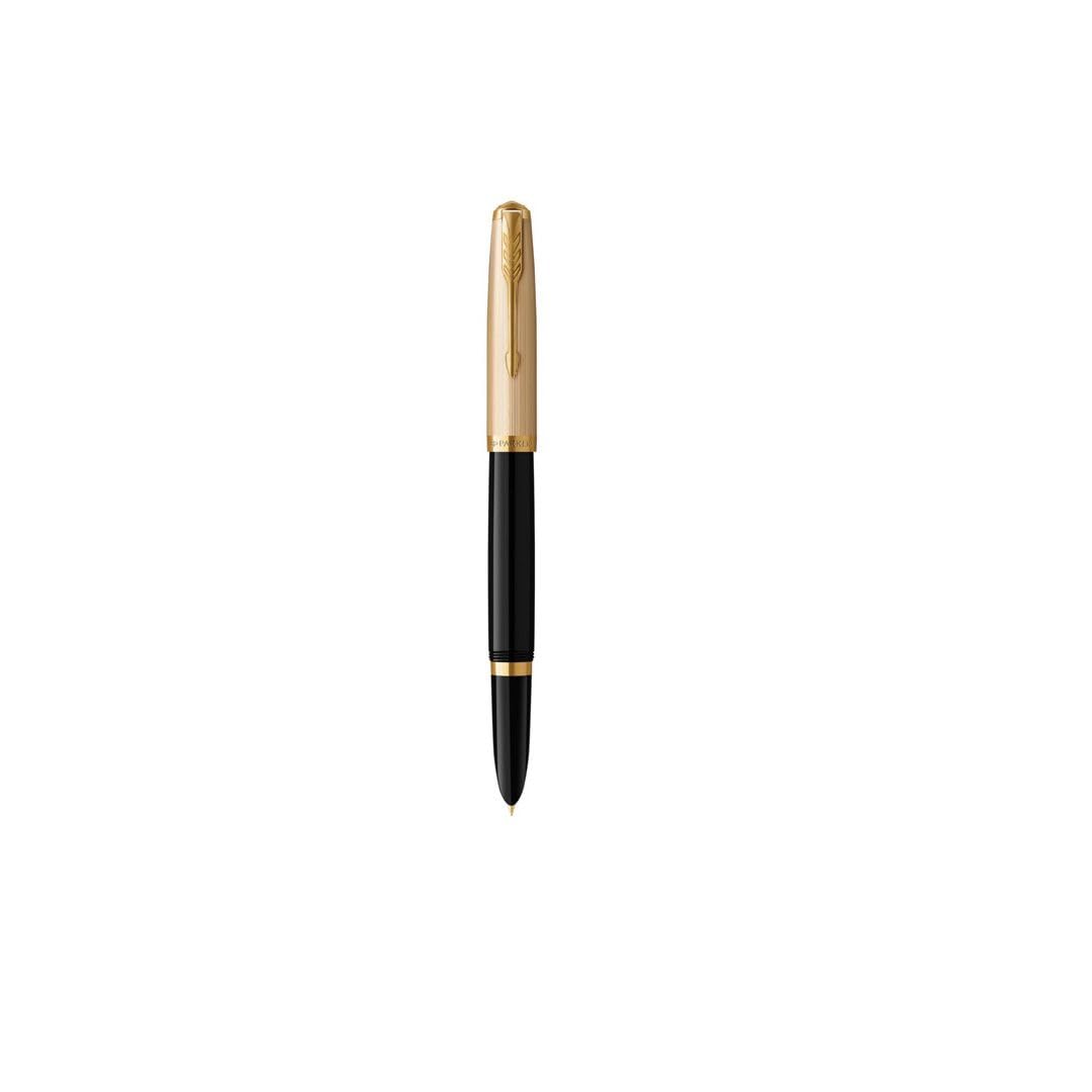 Parker 51 Deluxe Black Gold Trim Fountain Pen | Medium 18k Gold Nib with Black Ink Cartridge | Gift Box (Medium Nib)