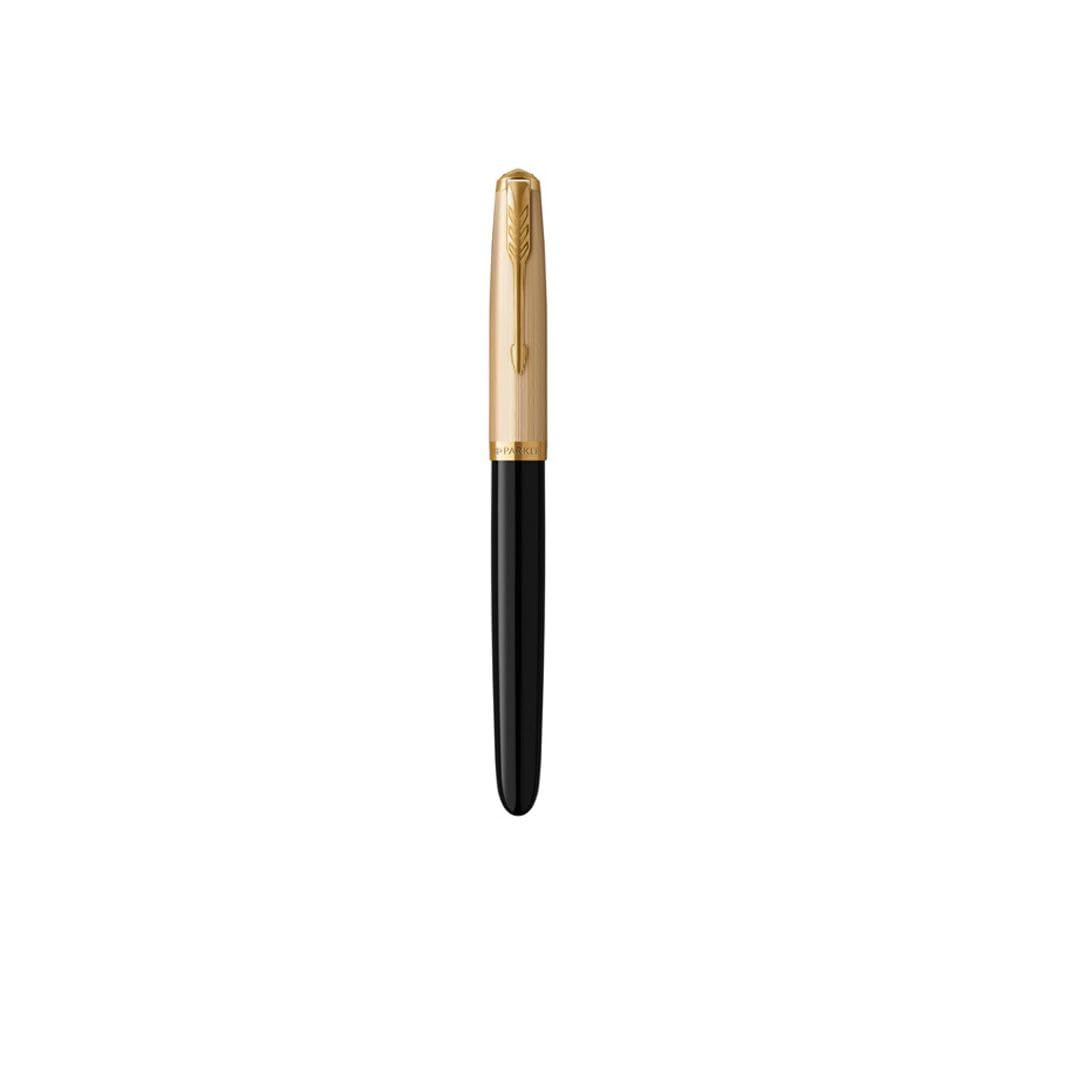 Parker 51 Deluxe Black Gold Trim Fountain Pen | Medium 18k Gold Nib with Black Ink Cartridge | Gift Box (Medium Nib)