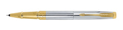 Parker Aster Shiny Chrome Gold Trim Roller Ball Pen | Body Color - Shiny chrome | Ink Color - Blue