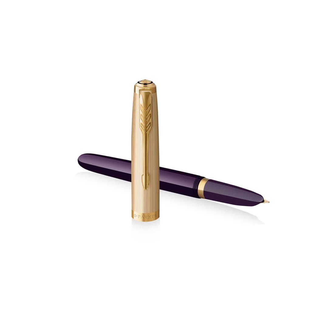 Parker 51 Fountain Pen Deluxe Plum Barrel with Gold Trim Medium 18k Gold Nib with Black Ink Cartridge Gift Box