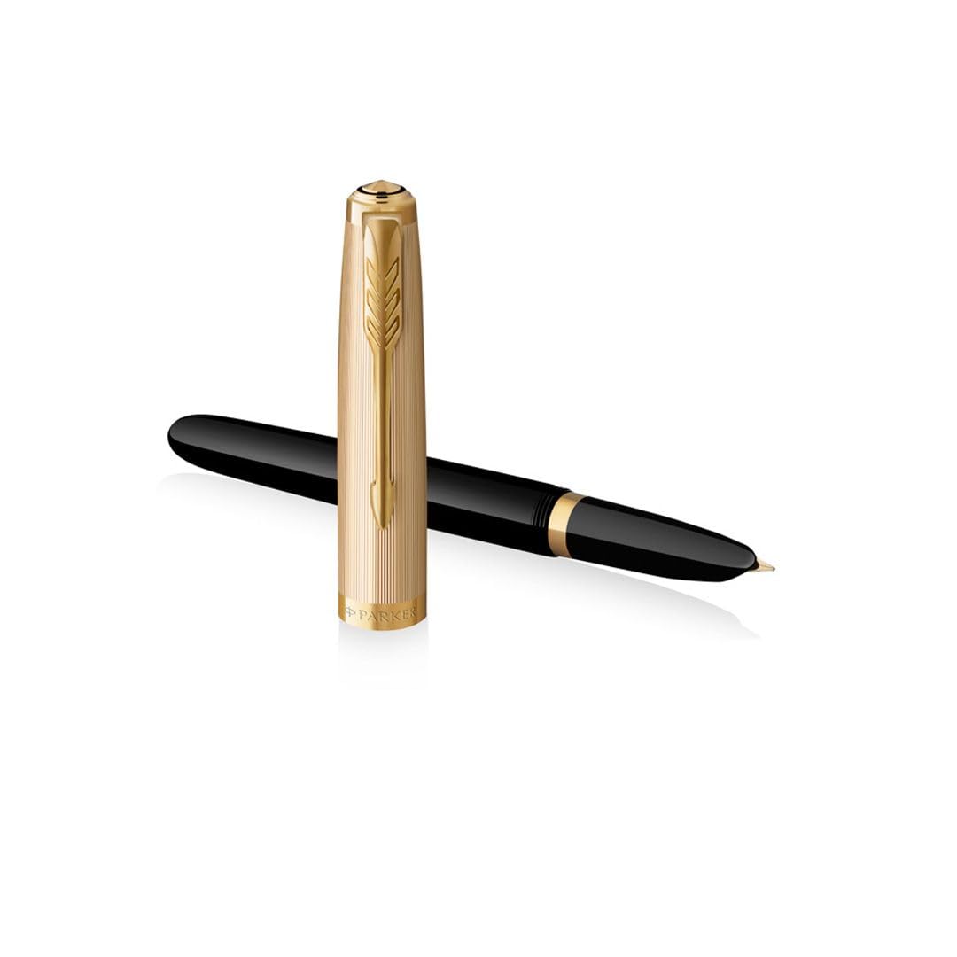 Parker 51 Deluxe Black Gold Trim Fountain Pen | Medium 18k Gold Nib with Black Ink Cartridge | Gift Box (Medium Nib)