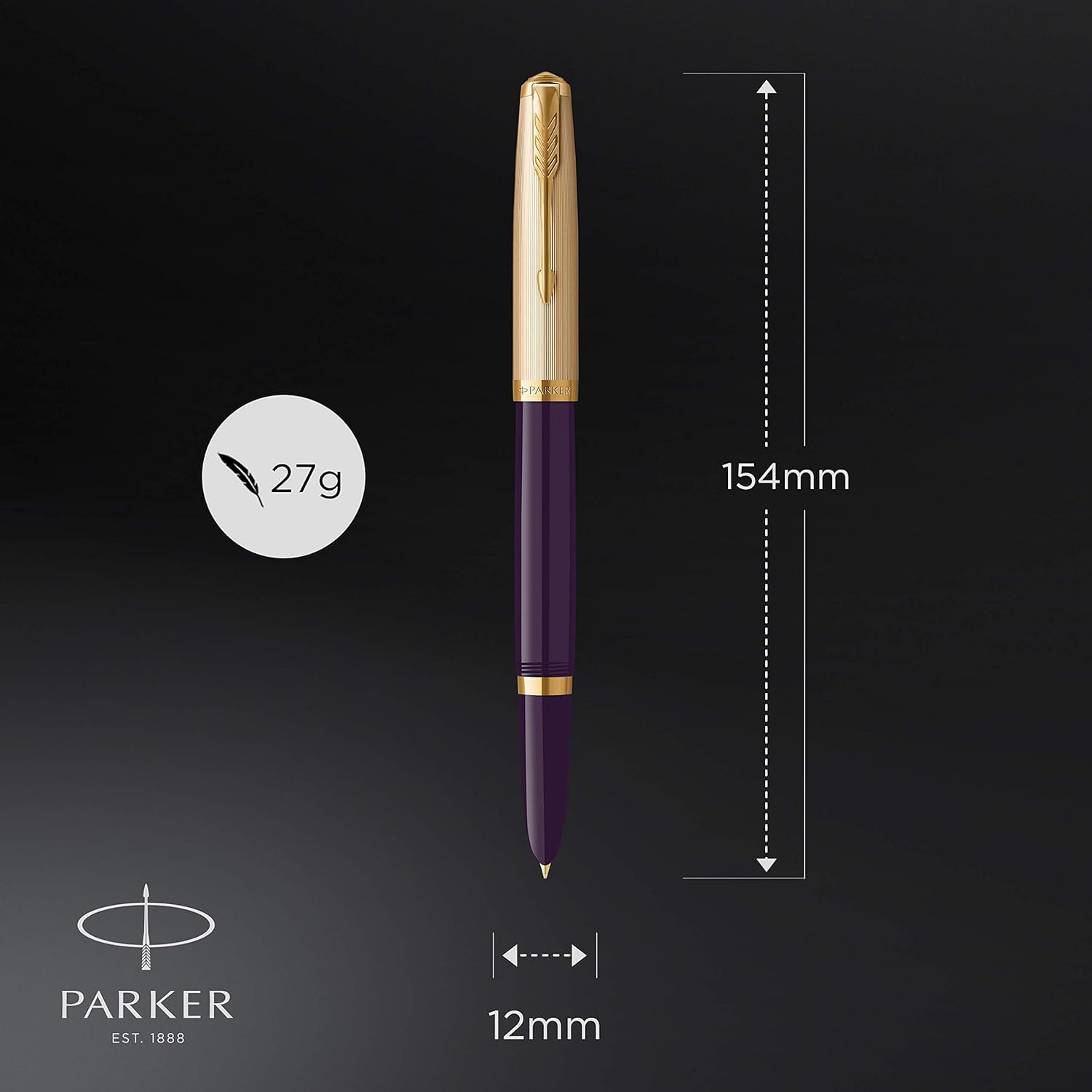 Parker 51 Fountain Pen Deluxe Plum Barrel with Gold Trim Medium 18k Gold Nib with Black Ink Cartridge Gift Box