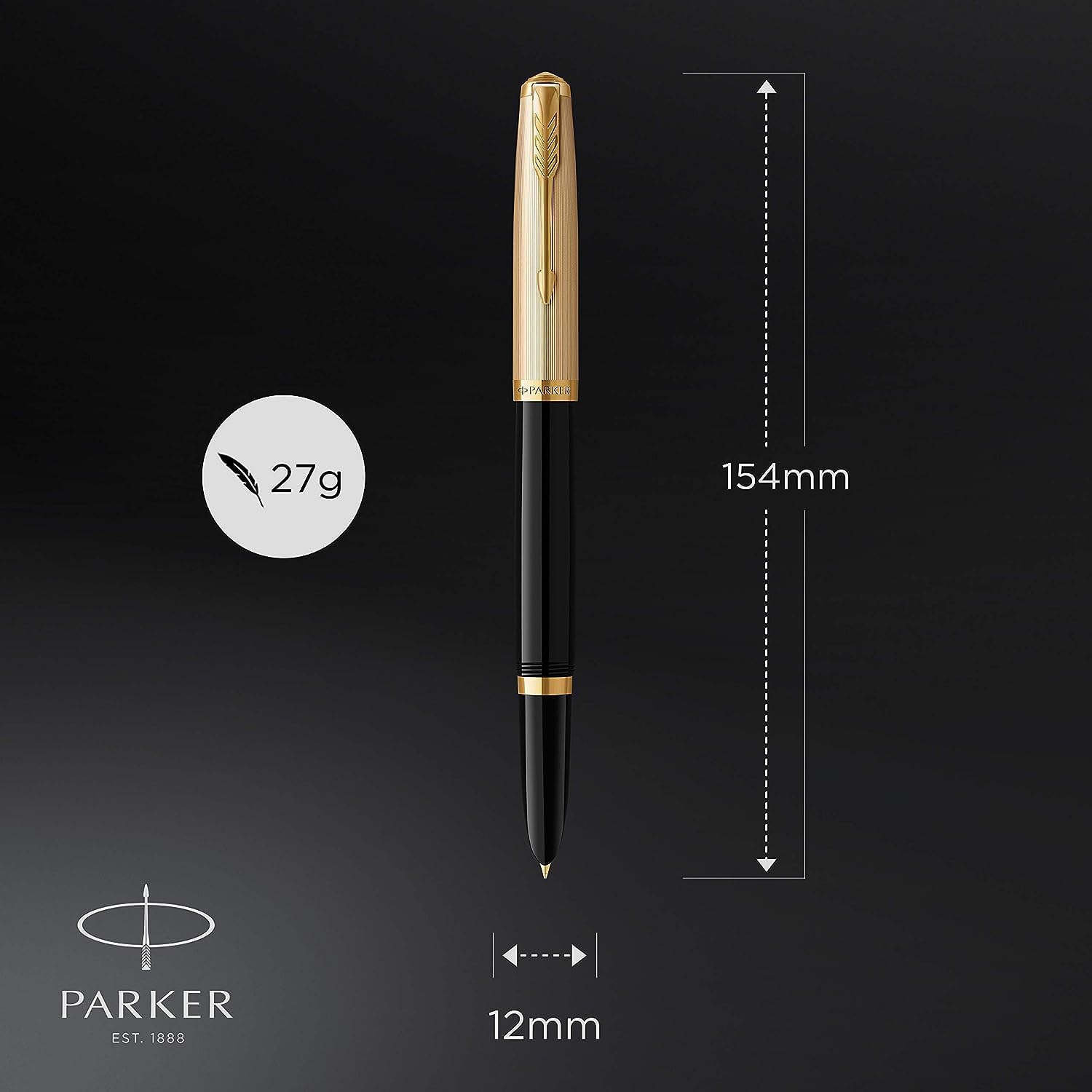 Parker 51 Deluxe Black Gold Trim Fountain Pen | Medium 18k Gold Nib with Black Ink Cartridge | Gift Box (Medium Nib)