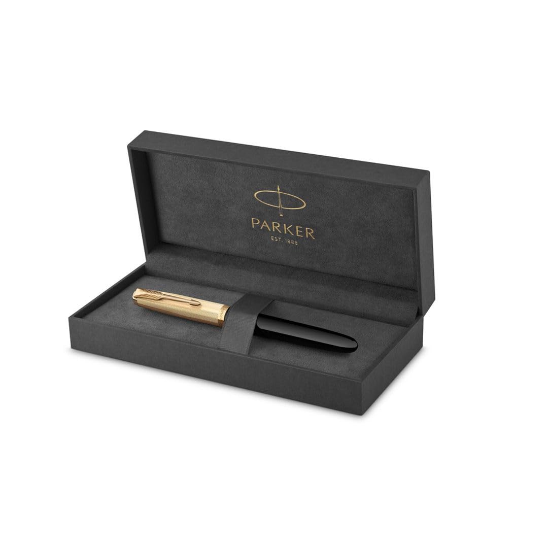 Parker 51 Deluxe Black Gold Trim Fountain Pen | Medium 18k Gold Nib with Black Ink Cartridge | Gift Box (Medium Nib)