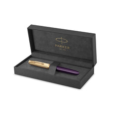 Parker 51 Fountain Pen Deluxe Plum Barrel with Gold Trim Medium 18k Gold Nib with Black Ink Cartridge Gift Box