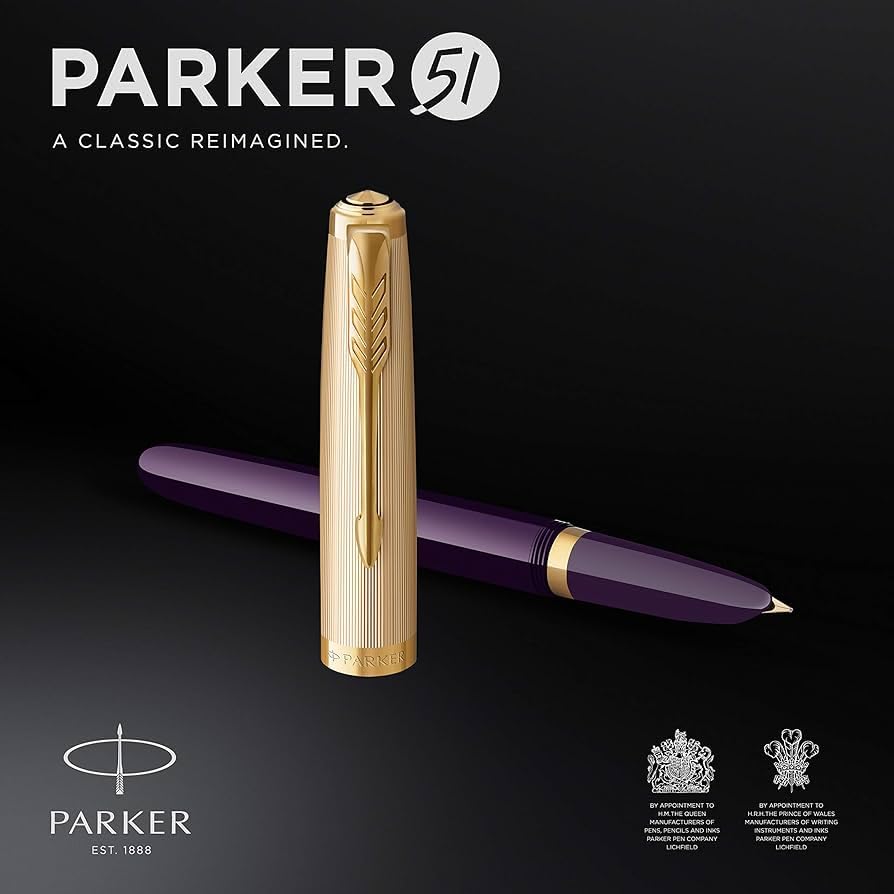 Parker 51 Fountain Pen Deluxe Plum Barrel with Gold Trim Medium 18k Gold Nib with Black Ink Cartridge Gift Box