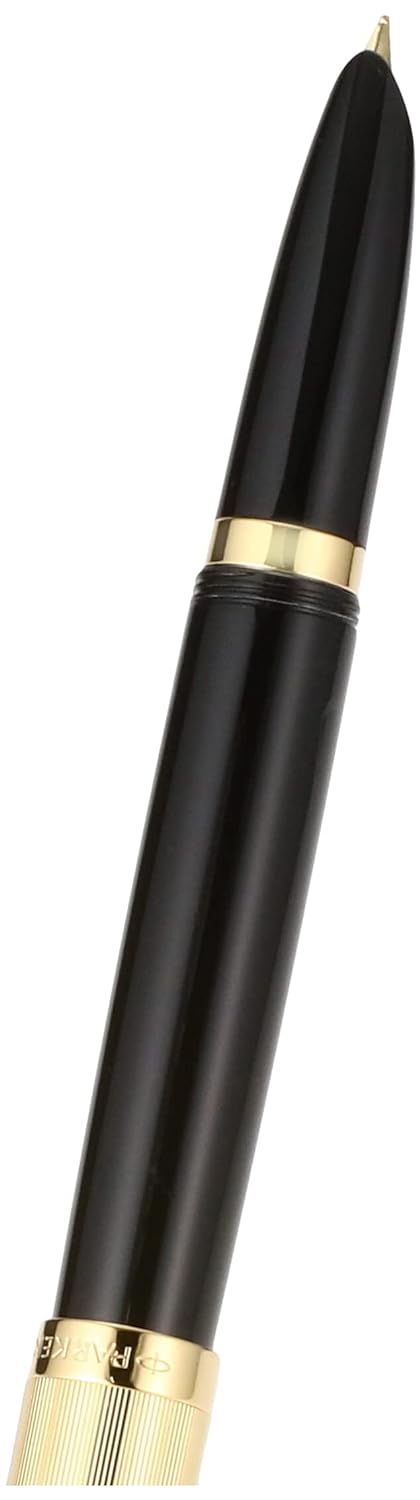 Parker 51 Fountain Pen | Deluxe Black Barrel with Gold Trim | Fine 18k Gold Nib with Black Ink Cartridge | Gift Box