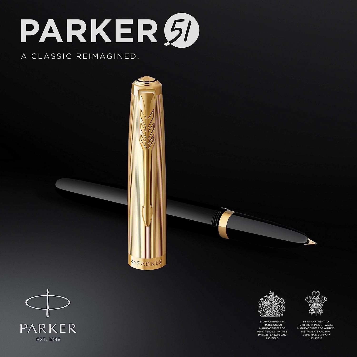 Parker 51 Deluxe Black Gold Trim Fountain Pen | Medium 18k Gold Nib with Black Ink Cartridge | Gift Box (Medium Nib)