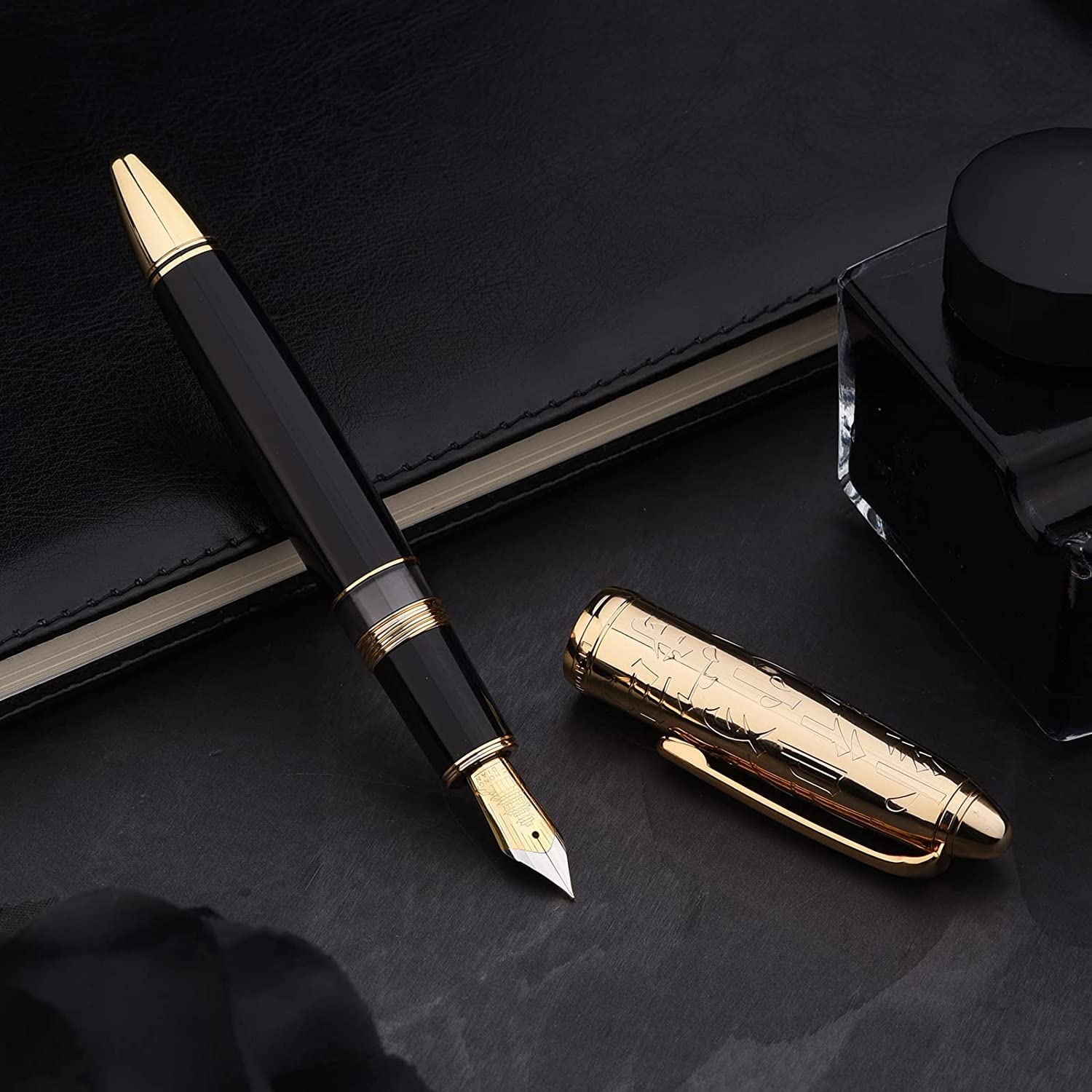 HONGDIAN N6 Metal Resin Piston Fountain Pen Fine Nib Classic Pen with Metal Box Office Writing Pen