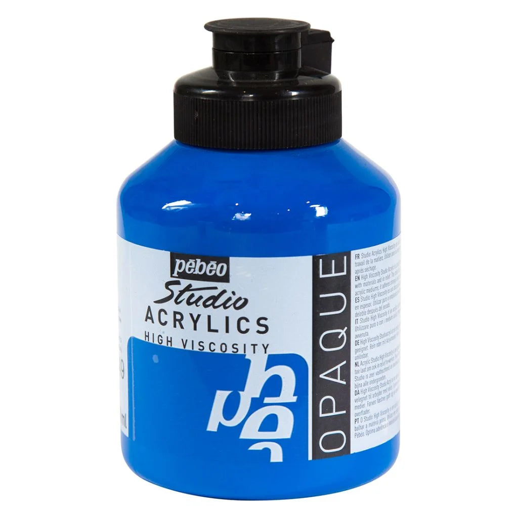 PEBEO HIGH VISCOSITY STUDIO ACRYLICS - OPAQUE PRIMARY CYAN (49) - JAR OF 500 ML