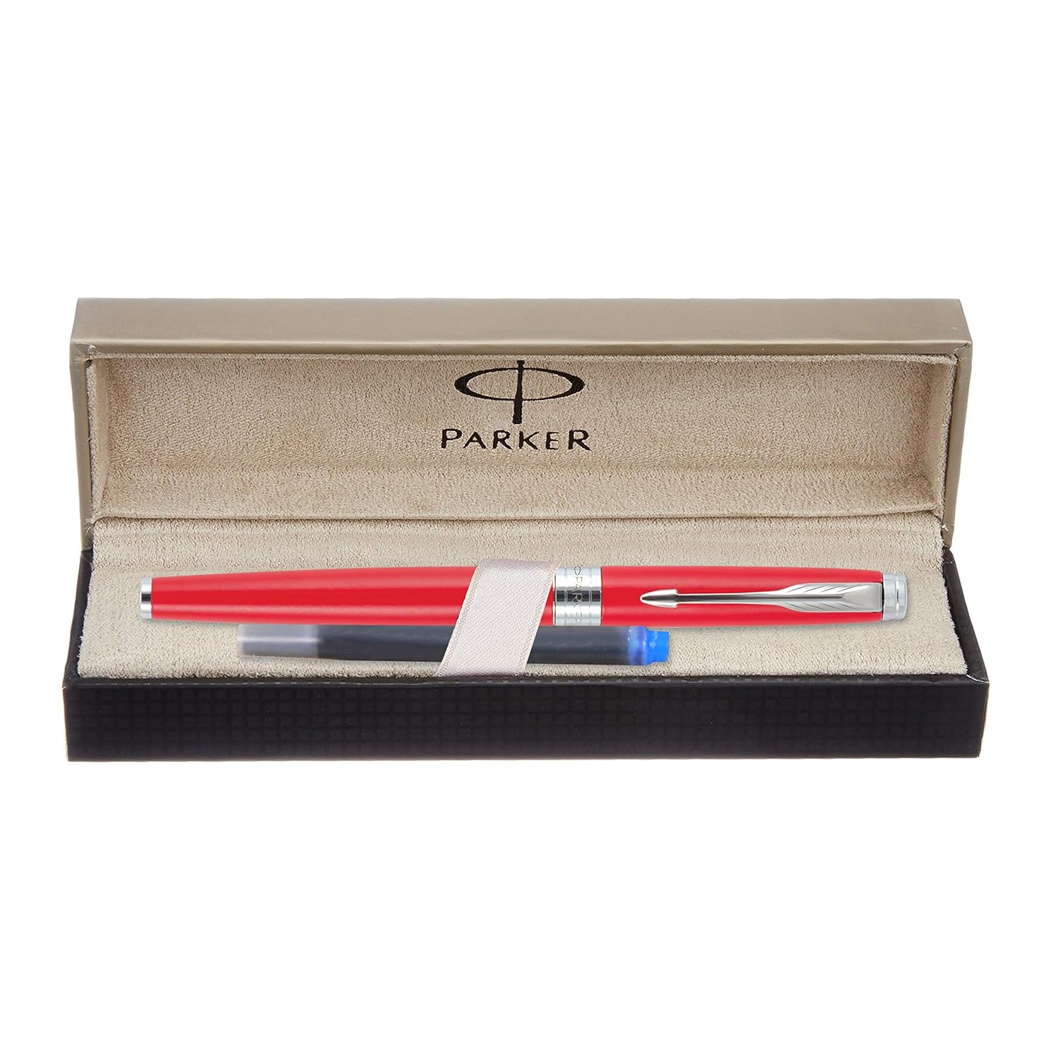 Parker Aster Chrome Trim Fountain Pen | Body Color - Red | Ink Color - Blue Medium Nib