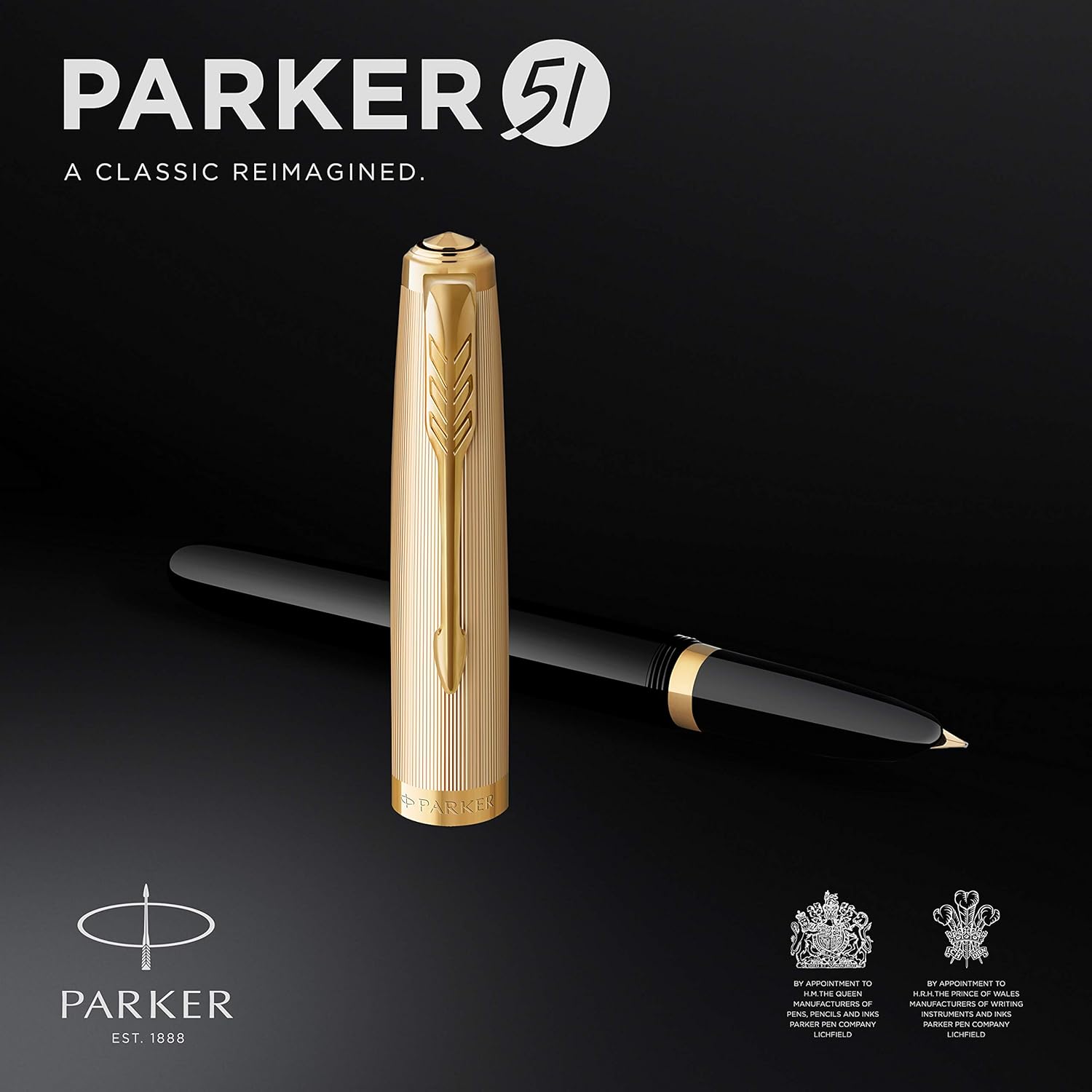 Parker 51 Fountain Pen | Deluxe Black Barrel with Gold Trim | Fine 18k Gold Nib with Black Ink Cartridge | Gift Box