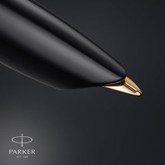 Parker 51 Fountain Pen | Deluxe Black Barrel with Gold Trim | Fine 18k Gold Nib with Black Ink Cartridge | Gift Box