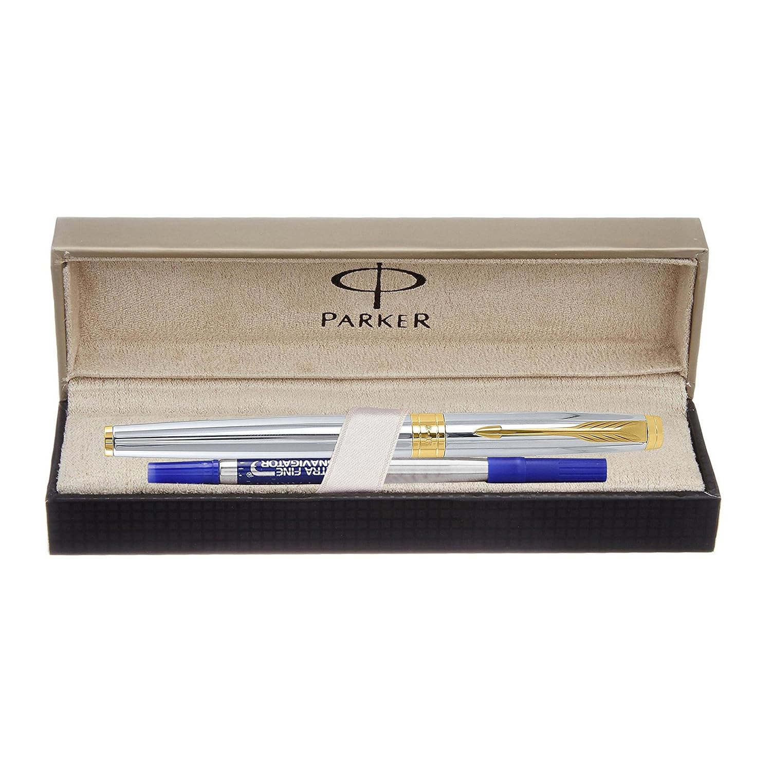 Parker Aster Shiny Chrome Gold Trim Roller Ball Pen | Body Color - Shiny chrome | Ink Color - Blue