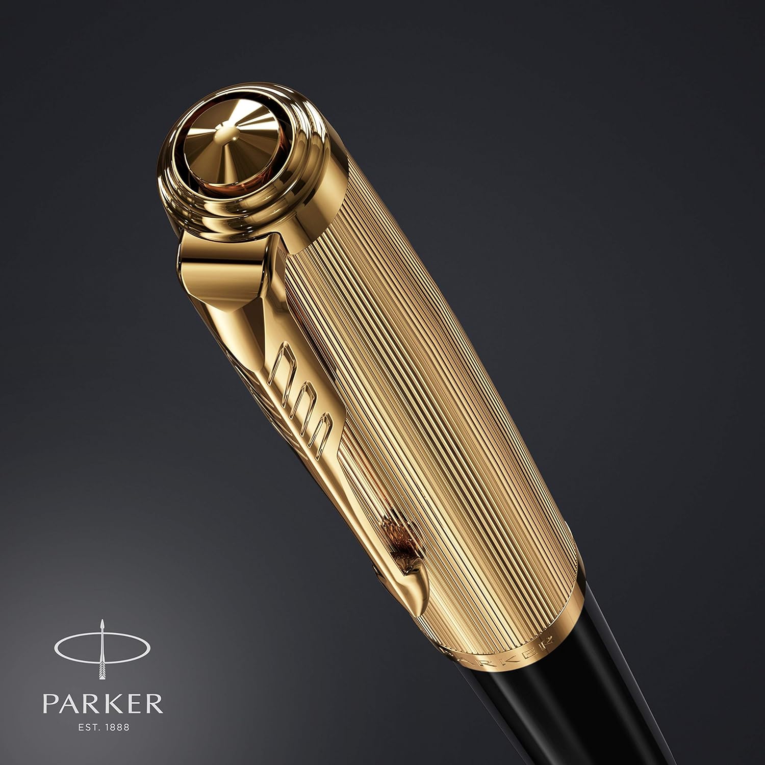 Parker 51 Fountain Pen | Deluxe Black Barrel with Gold Trim | Fine 18k Gold Nib with Black Ink Cartridge | Gift Box