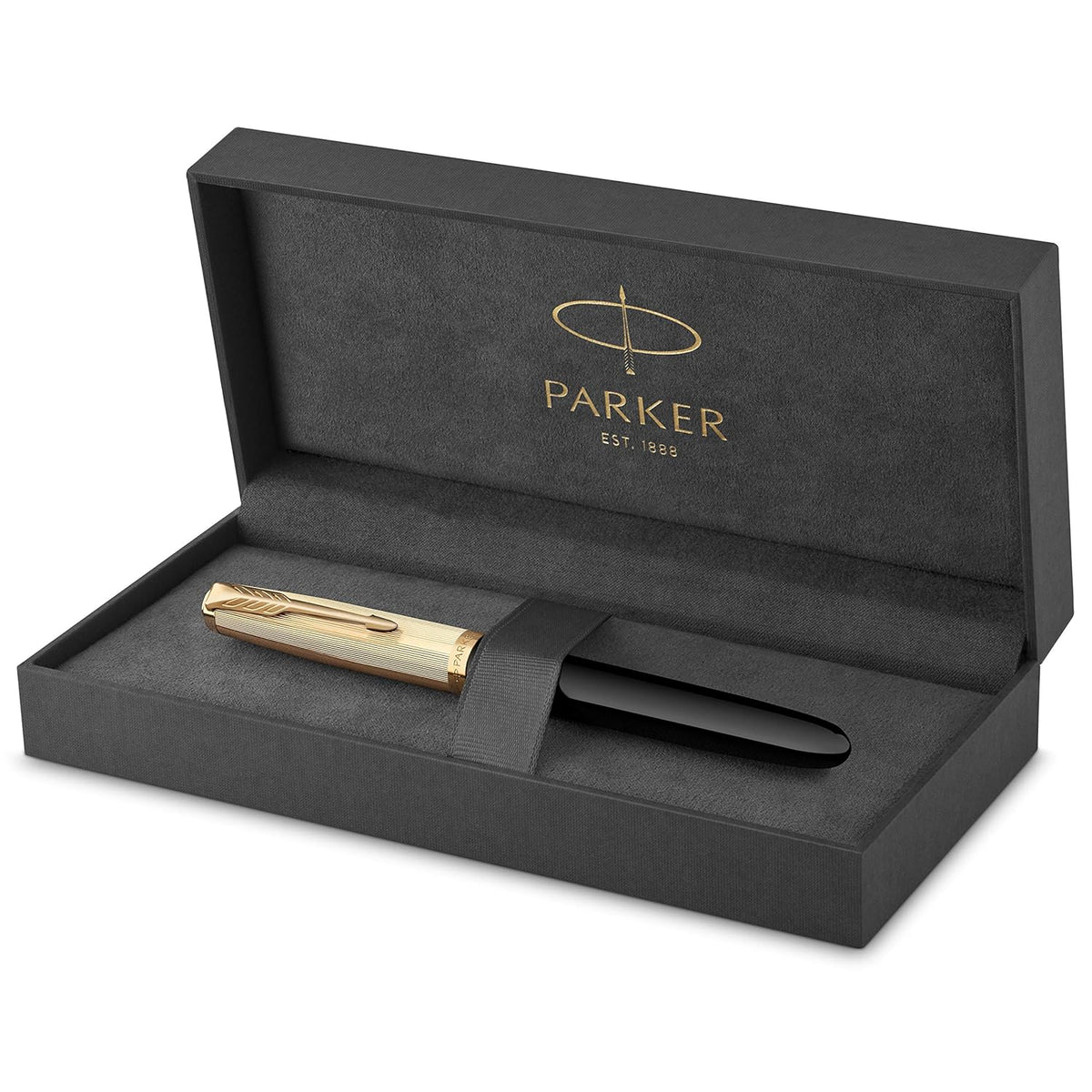 Parker 51 Fountain Pen | Deluxe Black Barrel with Gold Trim | Fine 18k Gold Nib with Black Ink Cartridge | Gift Box