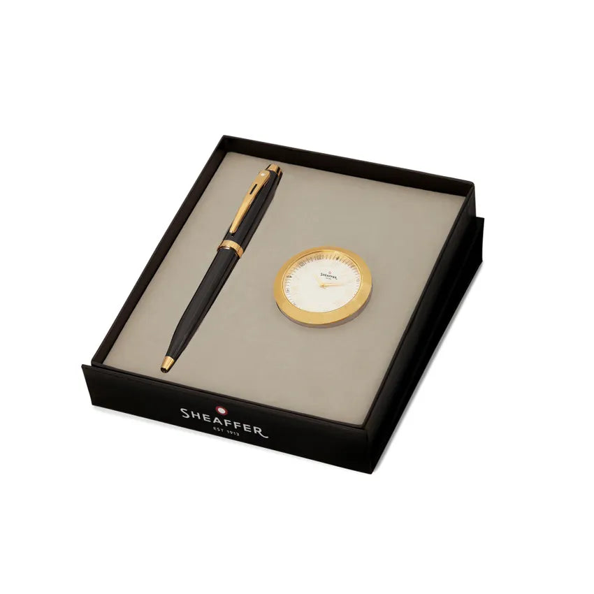 Sheaffer Gift Set 100 Ballpoint Pen with Table Clock Glossy Black with Gold Trims