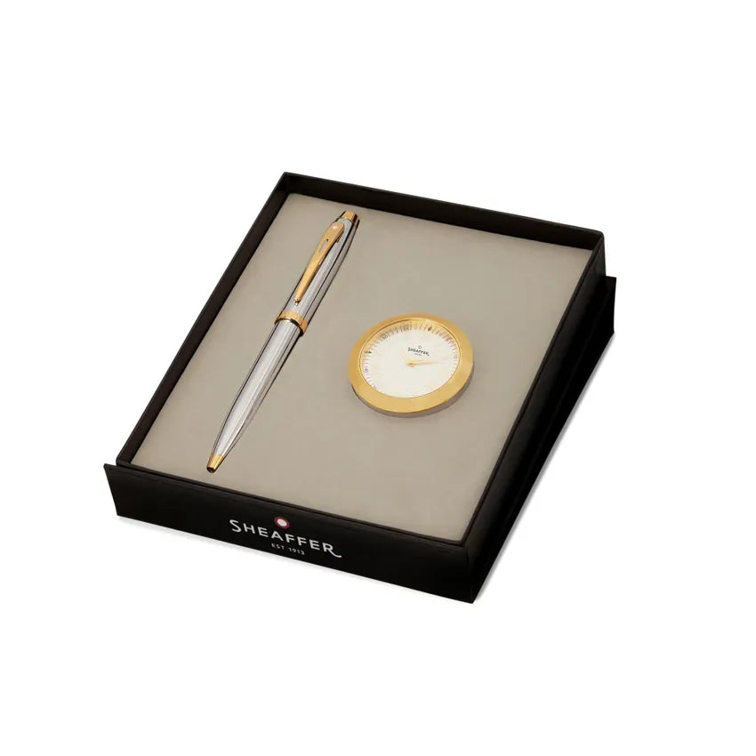 Sheaffer Gift Set 100 Ballpoint Pen with Table Clock Bright Chrome with Gold Trims