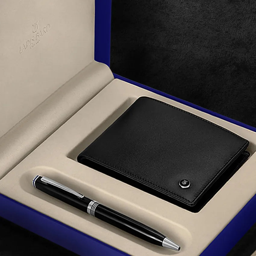 Gift Set Lapis Bard Contemporary Ballpoint Pen With Mayfair Coin Pocket Wallet Black and Chrome