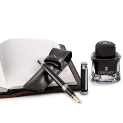 Lapis Bard Set Avon Fountain Pen (14K Medium) -Black and Chrome with Mayfair Pen Pouch and Blue Curacao Ink Bottle (Blue 50 ml)