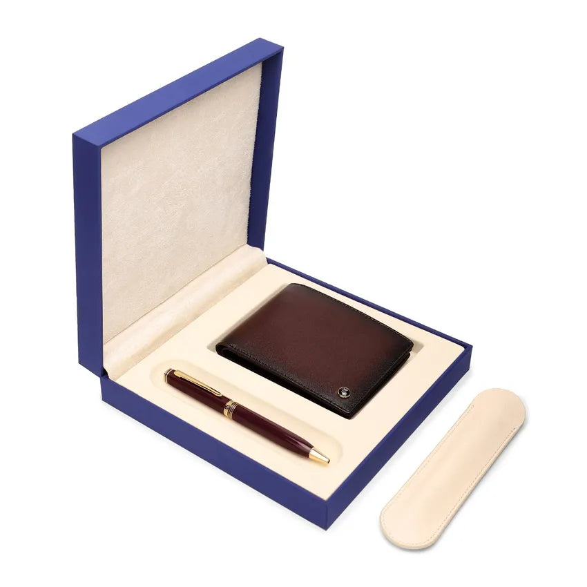 Lapis Bard Gift Set Contemporary Ballpoint Pen with Ducorium Wallet Bordeaux with Gold Trims